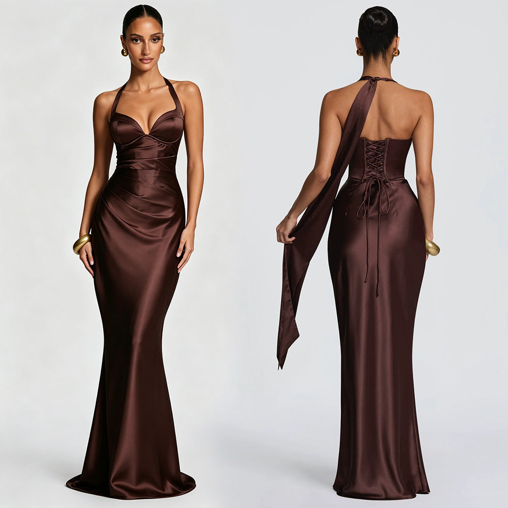 Fashion Elegant Satin Halter Neck Ribbon Backless Cross-Tie Floor-Length Fishtail Gown Dress