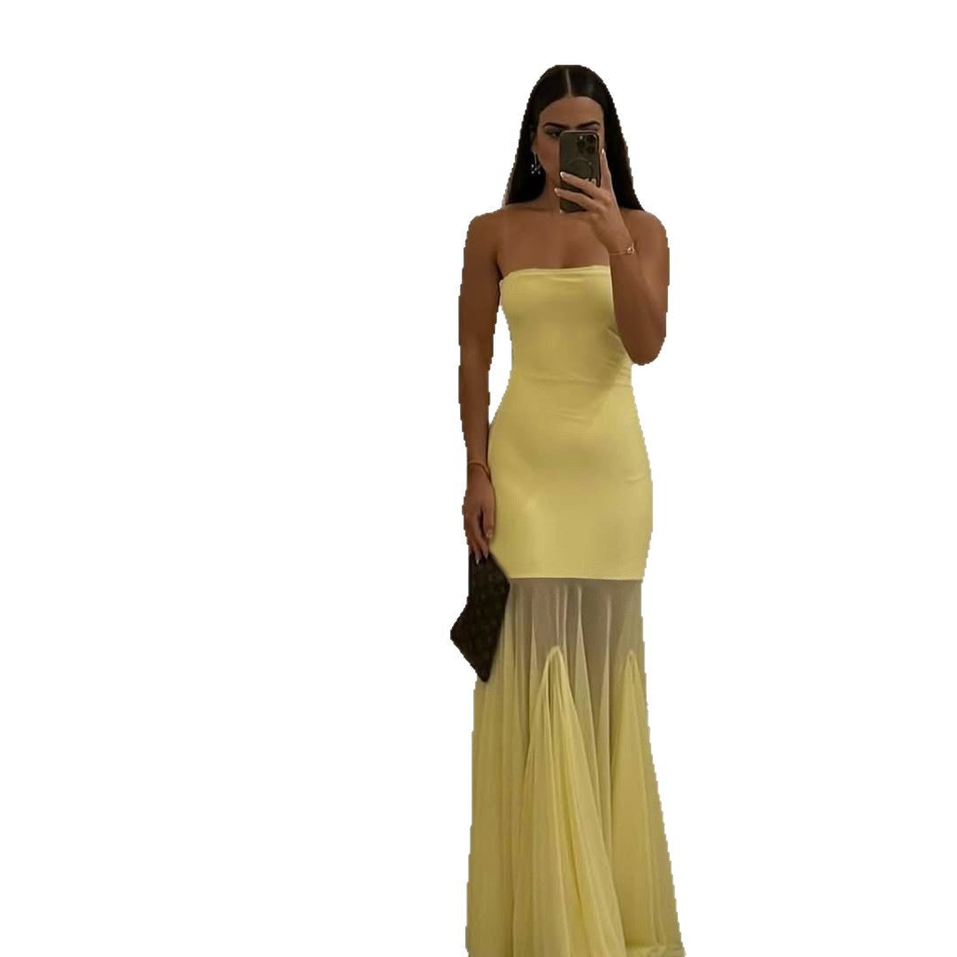 Women's Sleeveless Tube Top Dress Stretchy Mesh Bodycon Maxi Skirt Elegant Party Wear