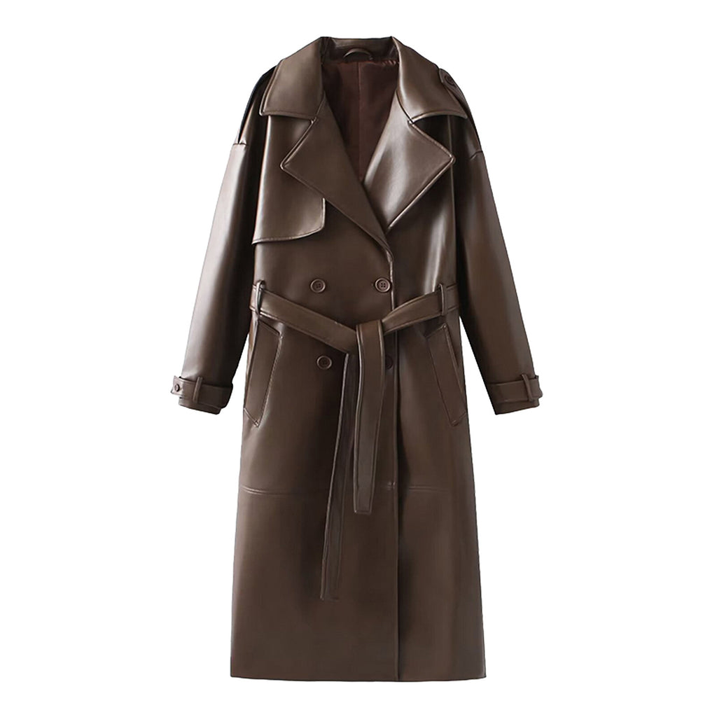 Women's Retro PU Leather Trench Coat