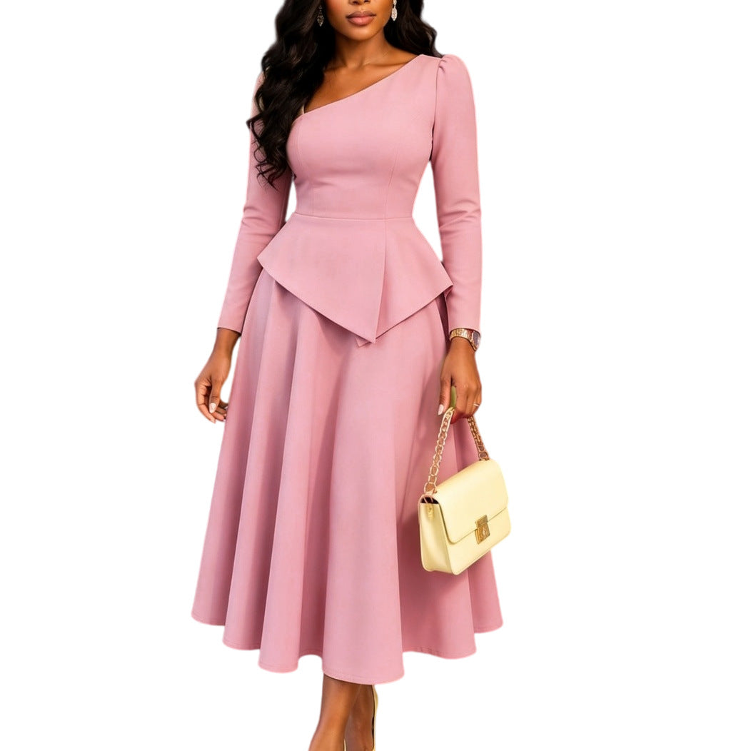 Women's Slanted Neckline Ruffled Waist Midi Dress