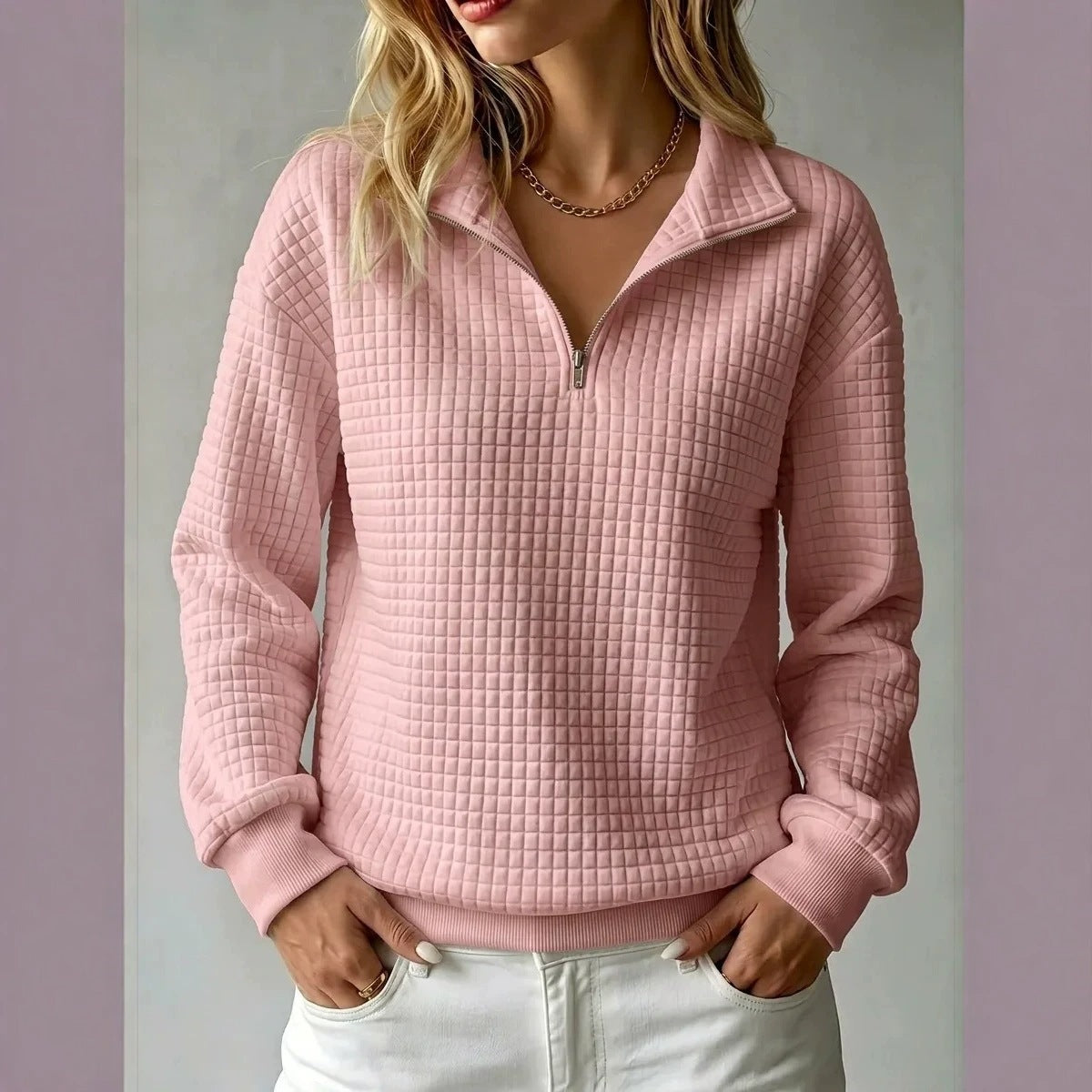 Women's Stand Collar Zip Long Sleeve Waffle Knit Patchwork Sweatshirt