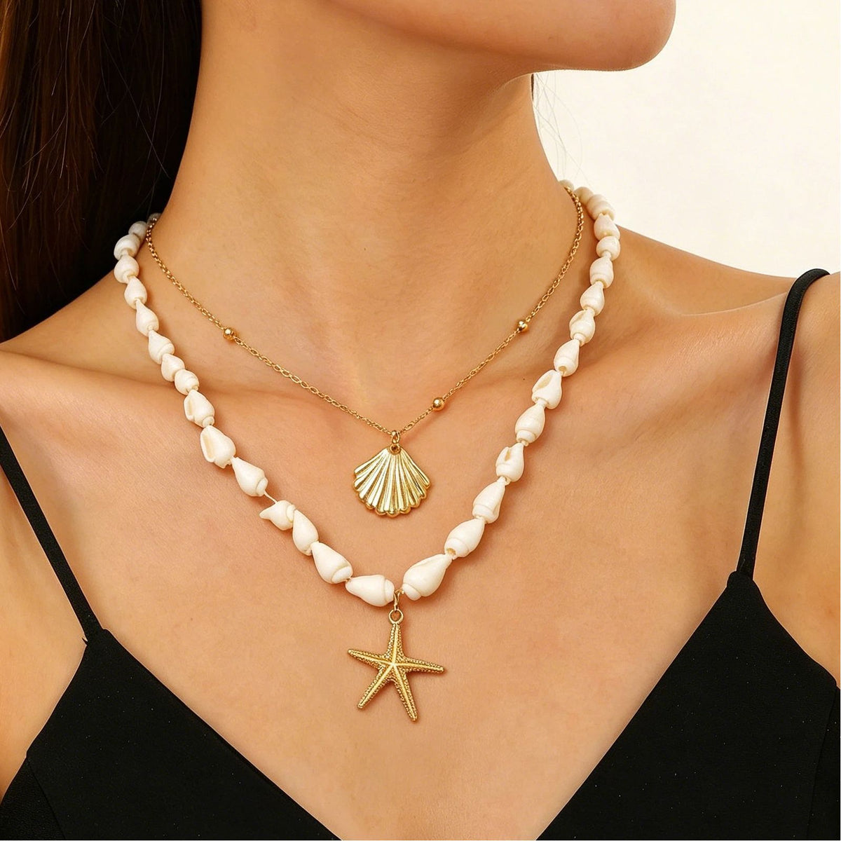 Layered Shell Pearl Starfish Pendant Bohemian Necklace