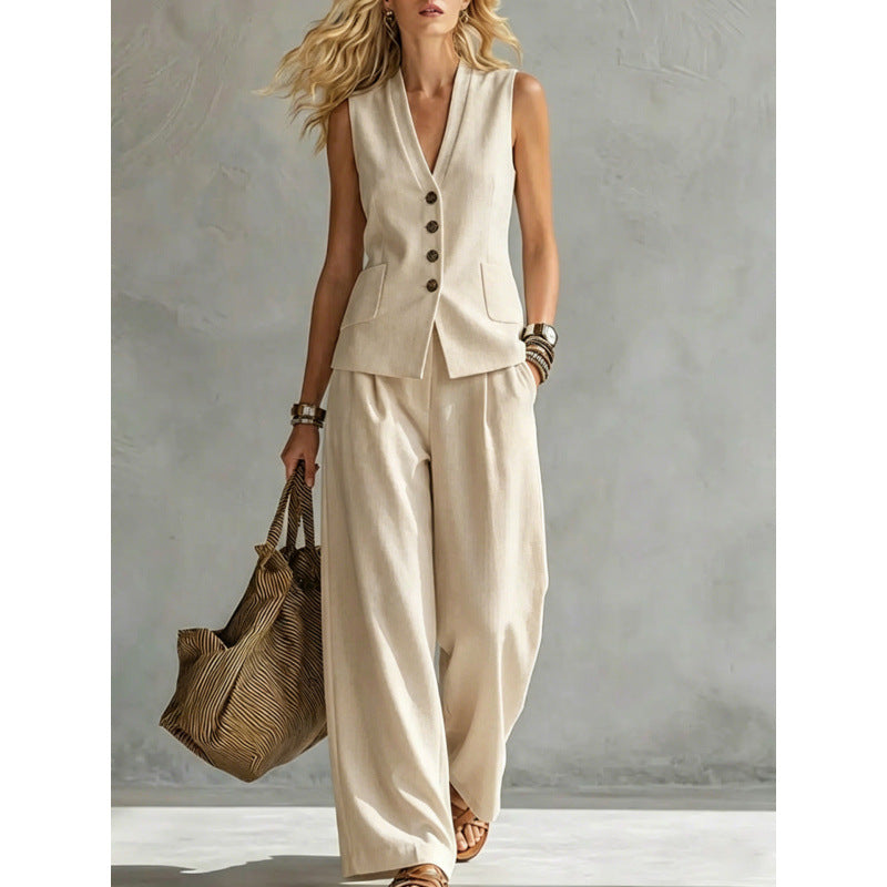 Women Solid Color Sleeveless Linen Vest and Pants Set