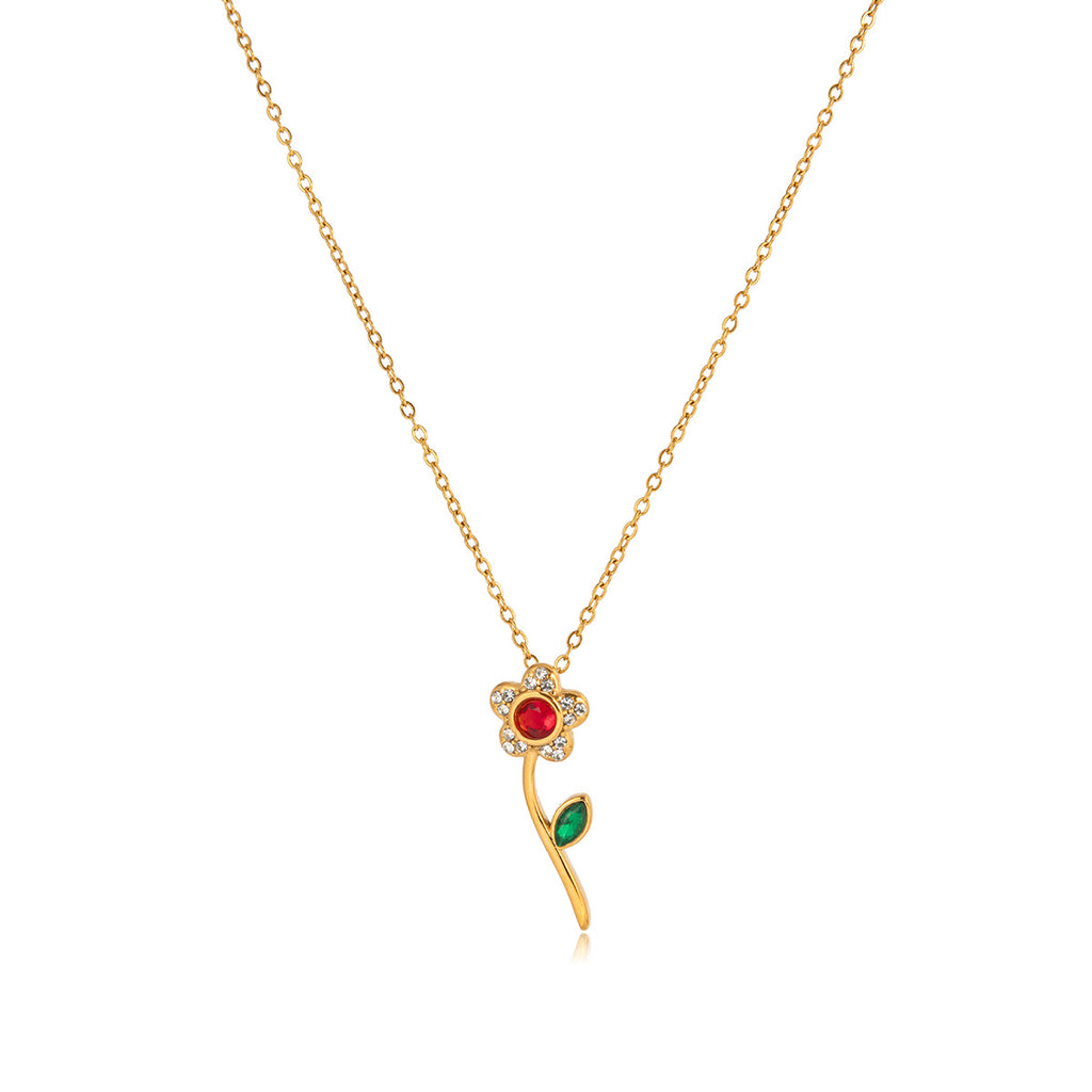 18K Gold Plated Stainless Steel Rhinestone Flower Pendant Necklace for Women