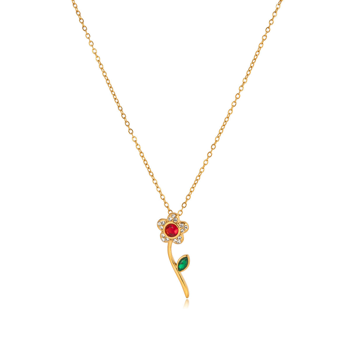 18K Gold Plated Stainless Steel Rhinestone Flower Pendant Necklace for Women