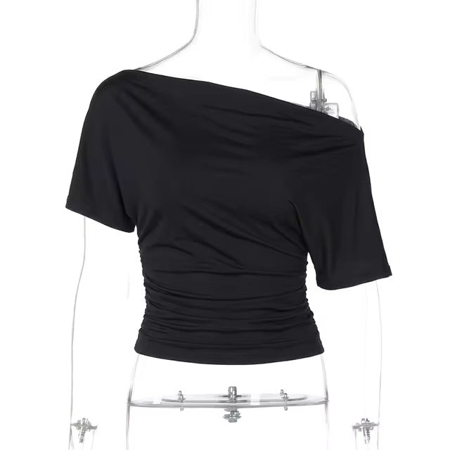 Solid Color Asymmetrical Shoulder Short-Sleeve Slim-Fit T-Shirt  Women