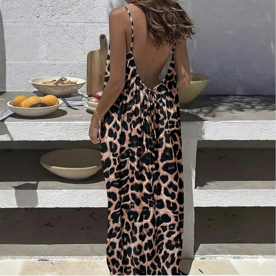 Womens Backless Loose Print Slip Dress