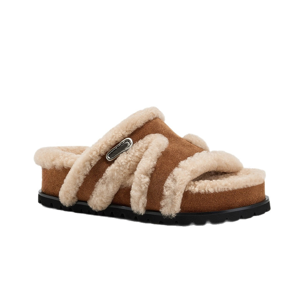 Genuine Leather Fleece-Lined Open-Toe Slippers