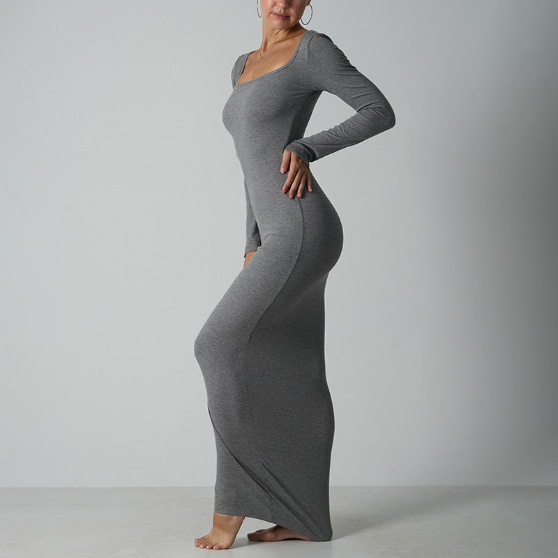 Long Dress with Ribbed Waist-Slimming Design and Built-in, Non-Slip Shoulder Straps