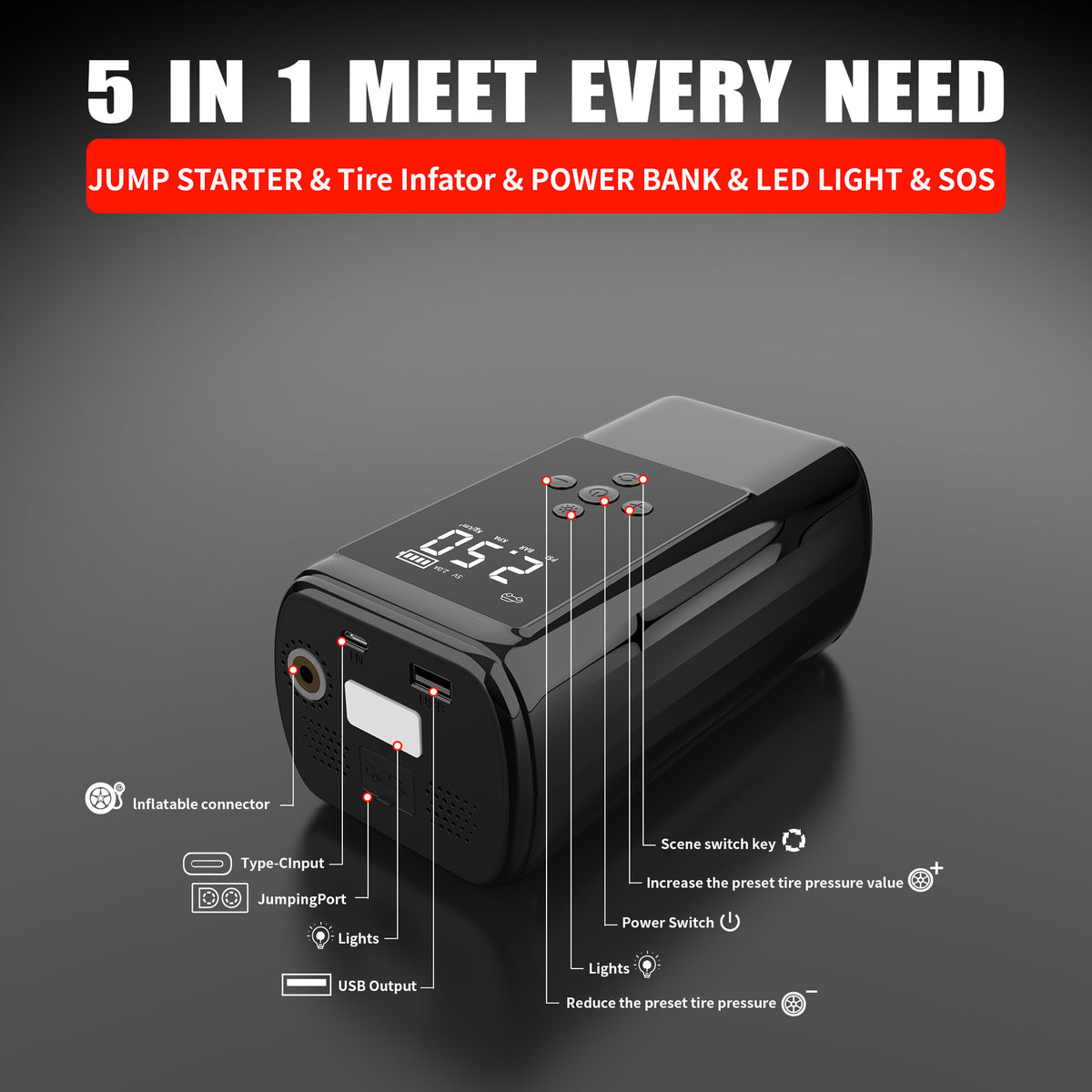 Car emergency start power supply air pump integrated machine battery