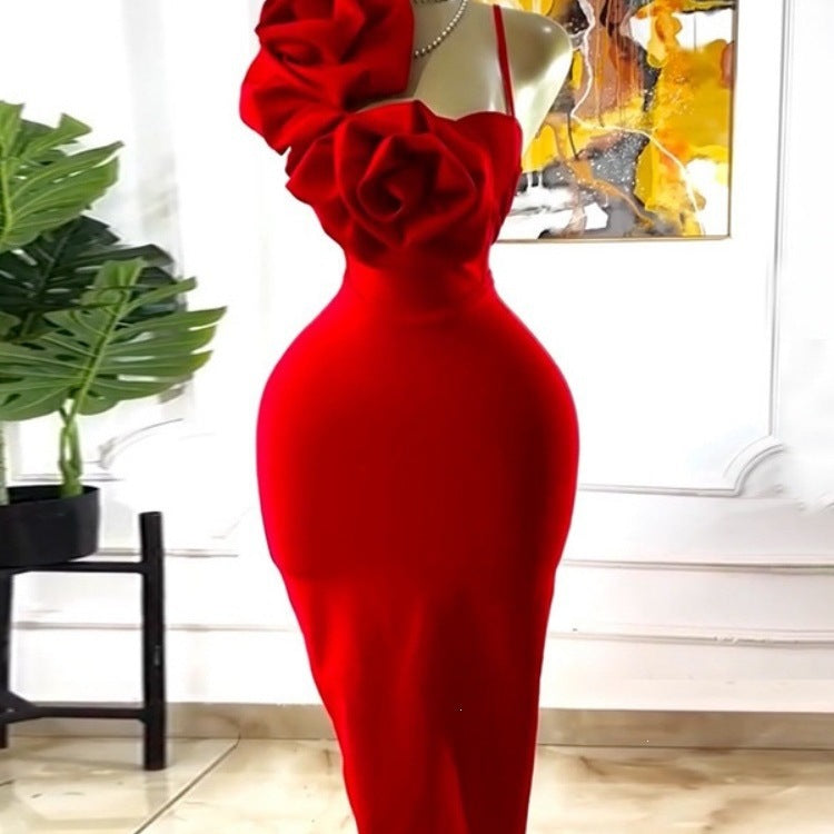 Three-dimensional rose sleeveless strap tube top elegant dress