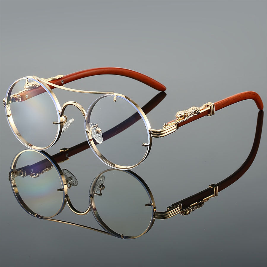 Retro Metal Round Sunglasses with Leopard Head Design