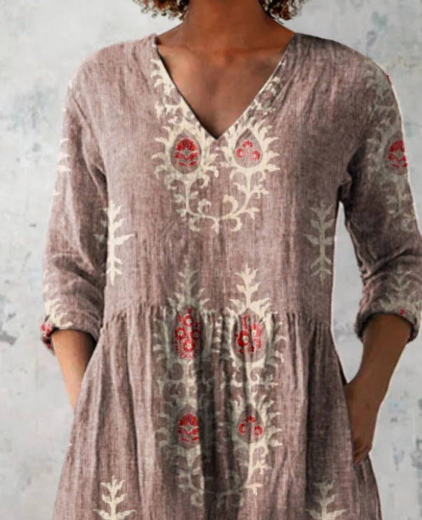 Womens 3D Printed Loose V-Neck Short Sleeve Dress