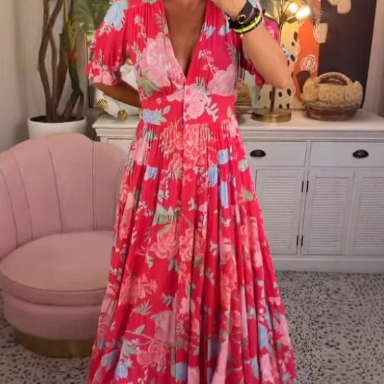 Floral V-Neck Elastic Waist Dress