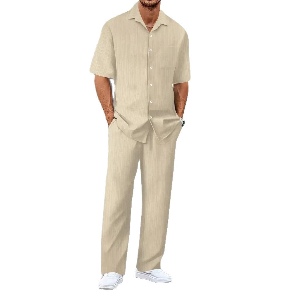 Mens Solid Color Short Sleeve Shirt and Drawstring Long Pants Two Piece Outfit