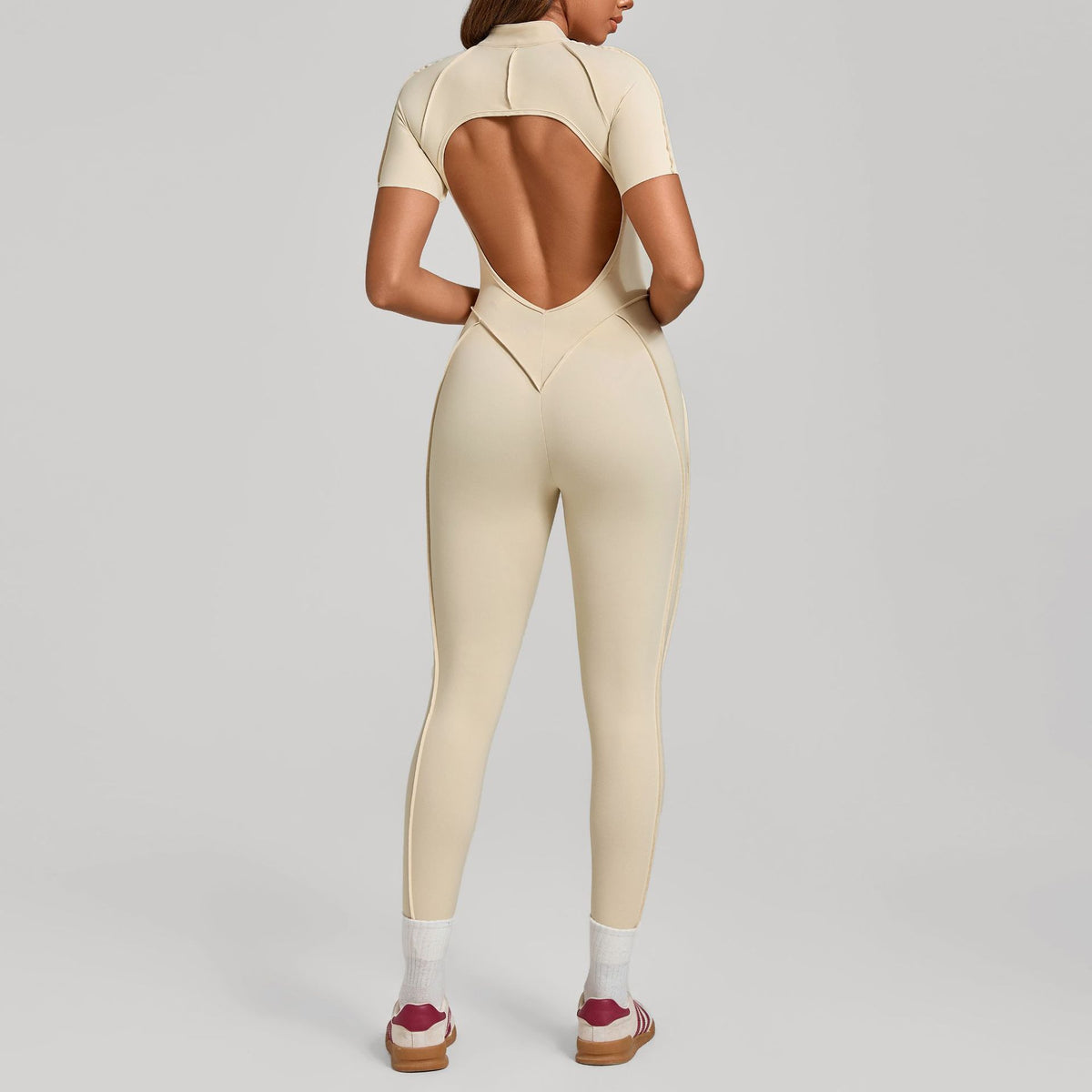 Stand-Up Collar Half-Zip Short-Sleeve Jumpsuit