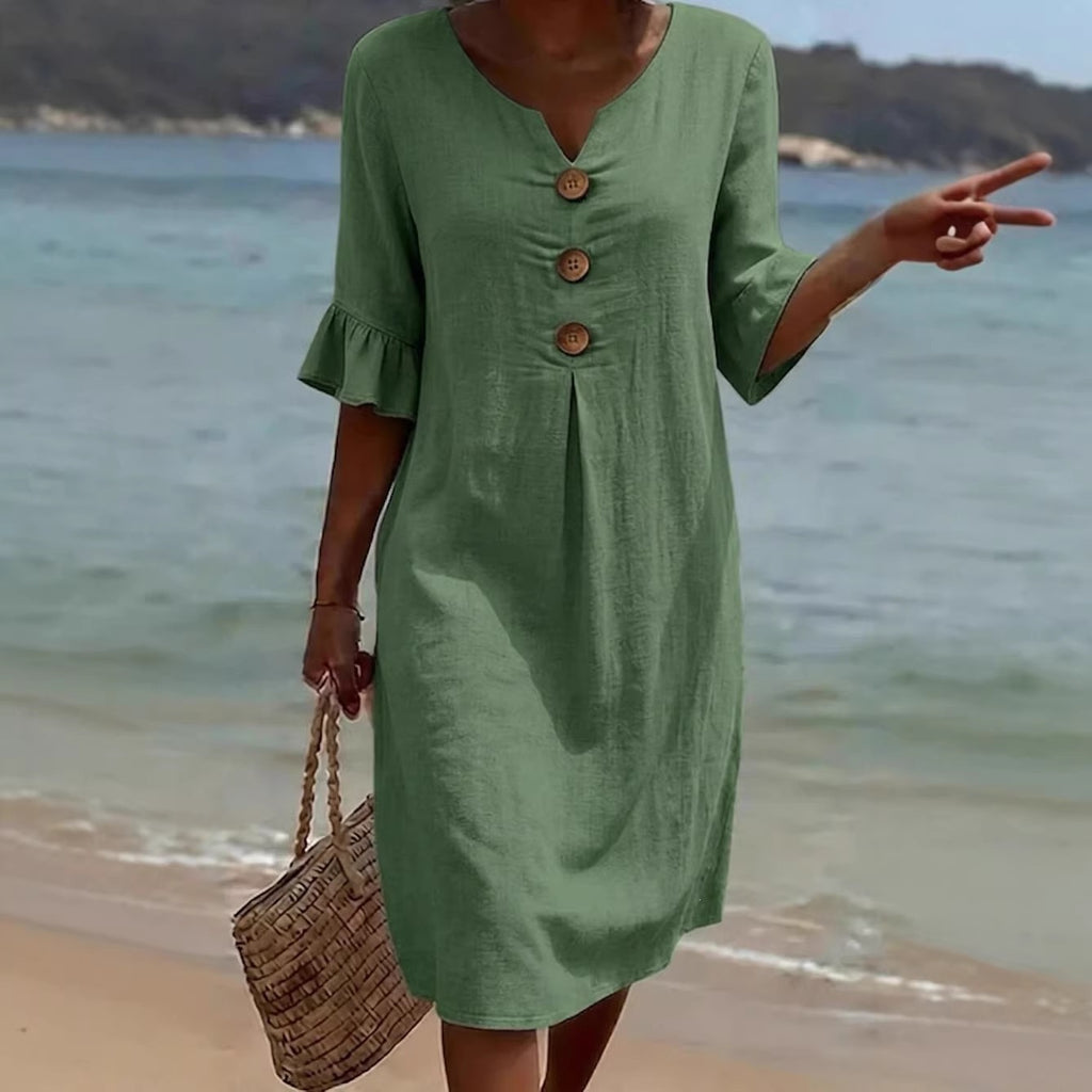 Womens V-Neck Linen Blend Dress
