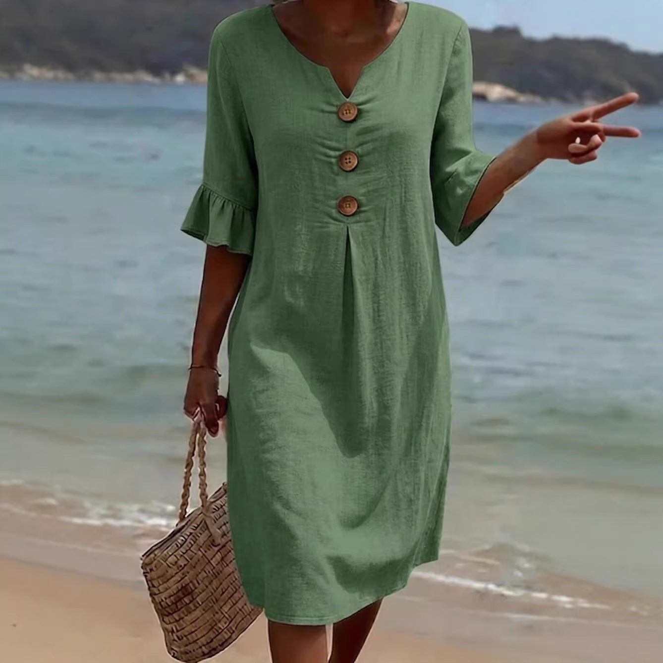 Womens V-Neck Linen Blend Dress