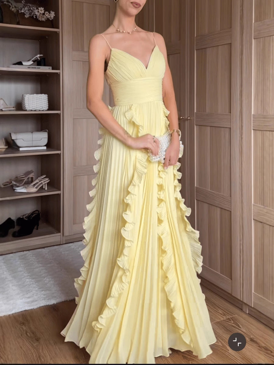 V-Neck Sleeveless Waist-Cinching Ruffled Flared Dress
