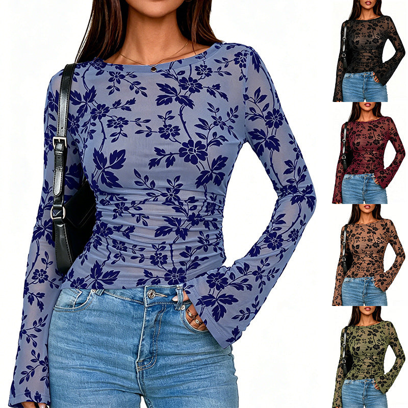 Women's Floral Flocked Mesh Slim Fit Long Sleeve T-Shirt