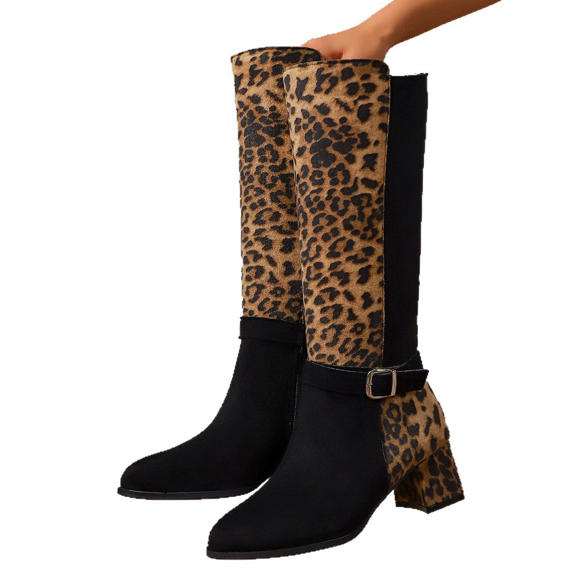 Pointed Leopard Print Mid-Heel Fashion Boots Belt Buckle High Boots