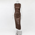 Women's Sleeveless Pleated PU Leather Long Dress