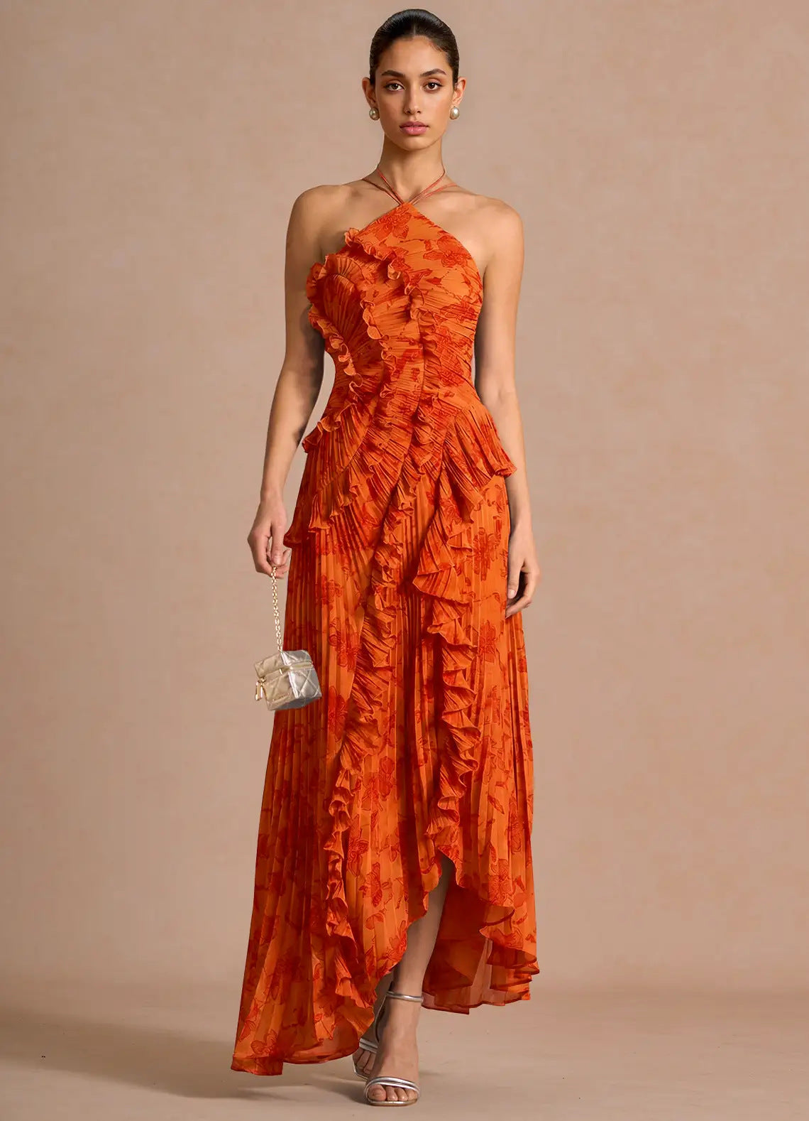 Women's Pleated Chiffon Midi Dress Floral Print Evening Gown