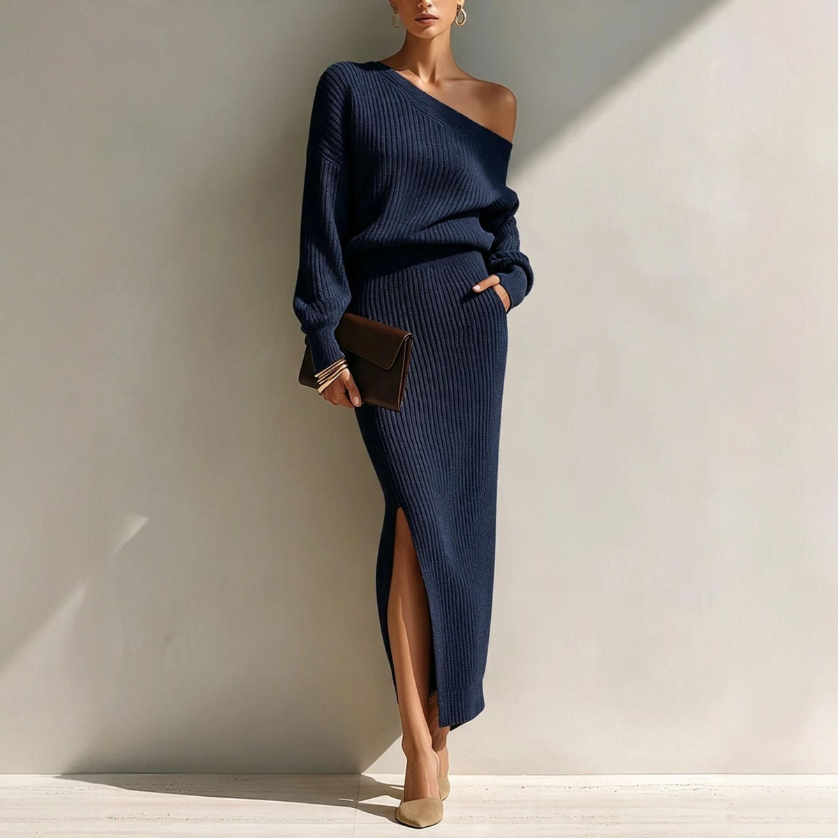 Women's Asymmetrical Shoulder Ribbed Knit Top and Slit Long Skirt Set