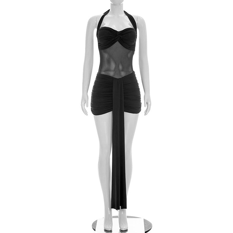 Women's Solid Color Mesh Halter Neck Short Dress