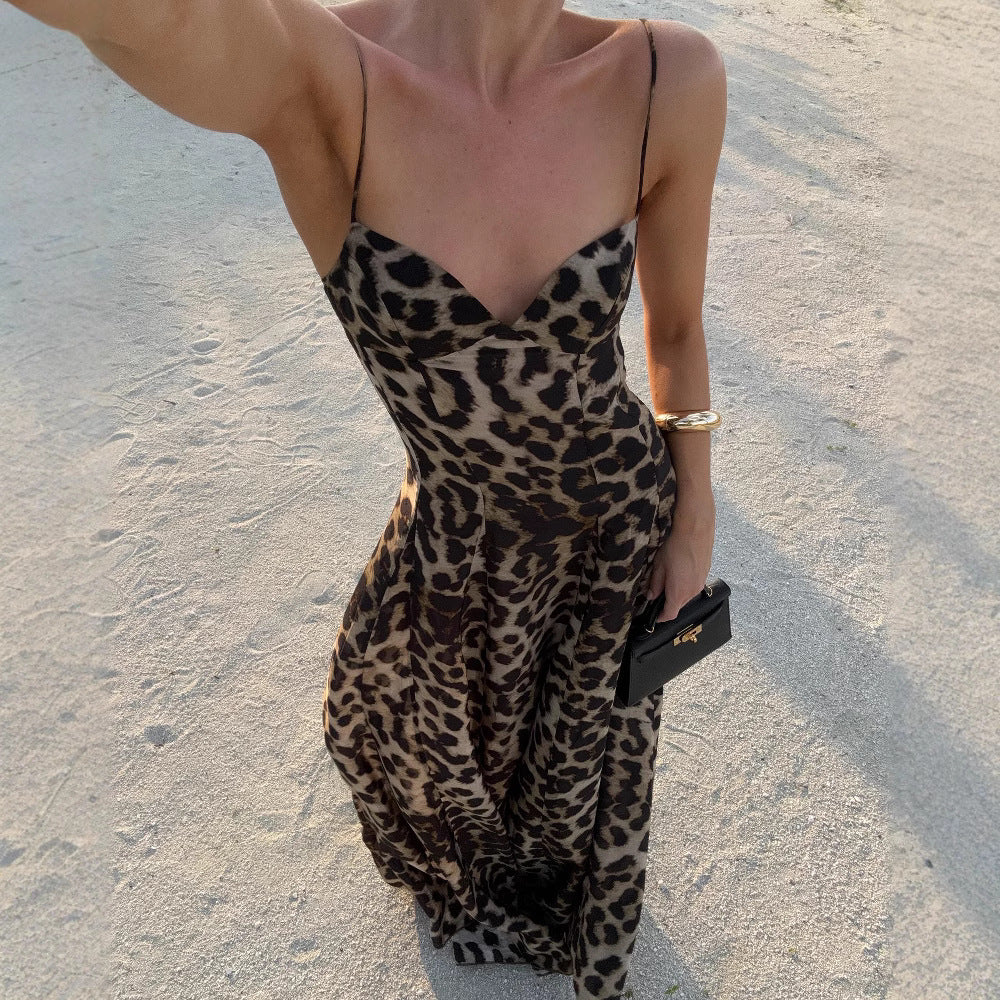 Womens Leopard Print Strap Long Dress