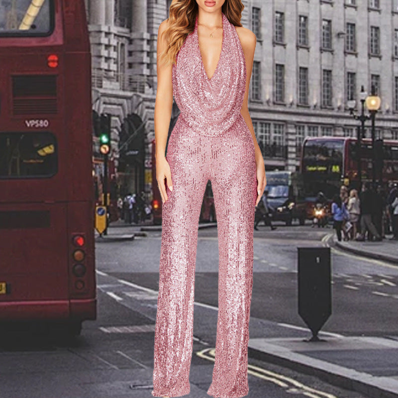 Women's Sparkly Sequin Halter Neck Jumpsuit Slim Fit Long Pants One Piece Evening Dress