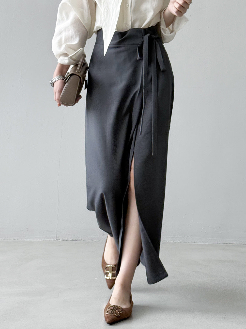 Women's Side Tie High Waist A-Line Midi Skirt