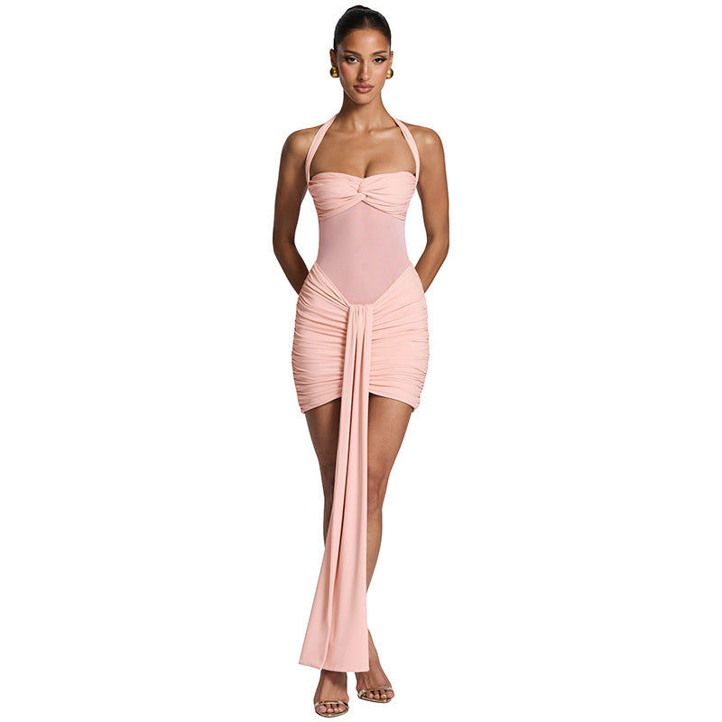 Women's Solid Color Mesh Halter Neck Short Dress
