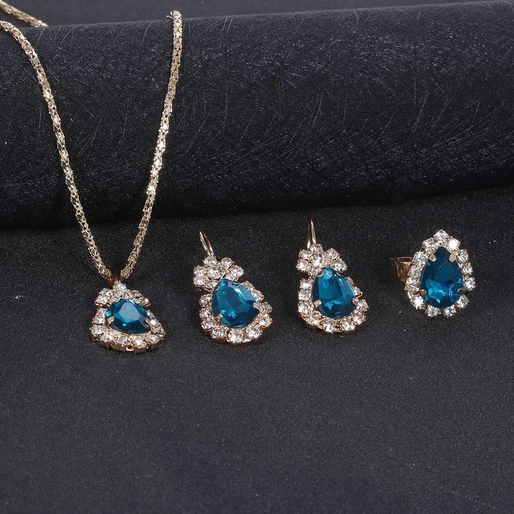 European and American Personalized Water Drop Rhinestone Necklace Earrings Ring Set