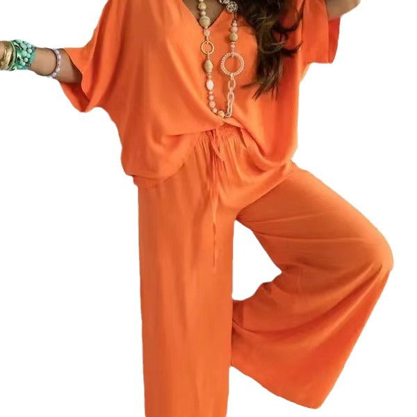 Womens V-Neck Bat Sleeve Wide Leg Pants Set