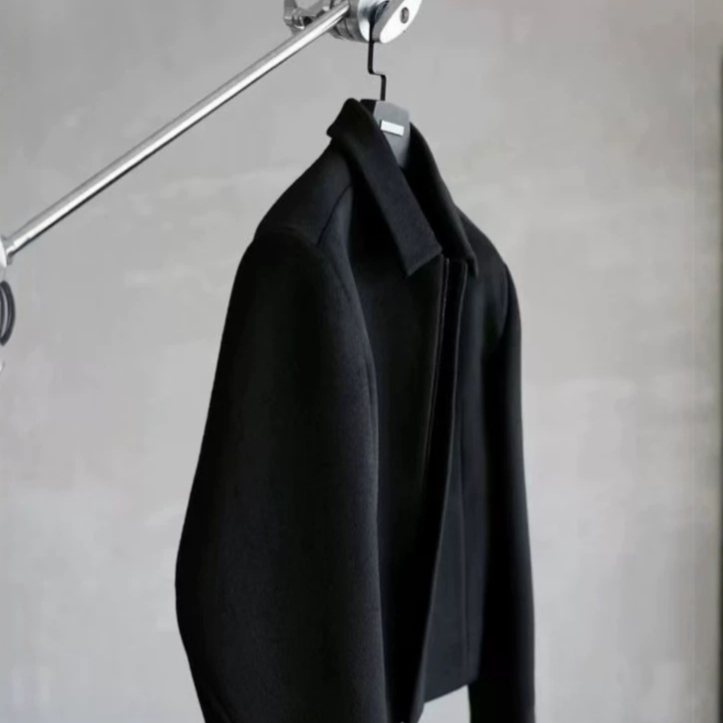 Men's Wool Blend Melton Solid Short Jacket with Curved Sleeves
