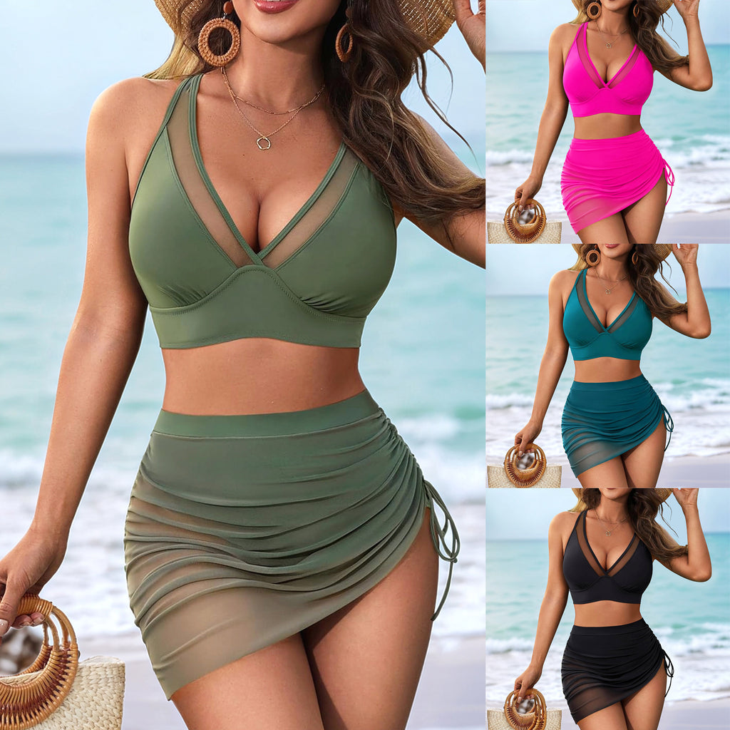 Womens Mesh Stitching Drawstring Swimsuit