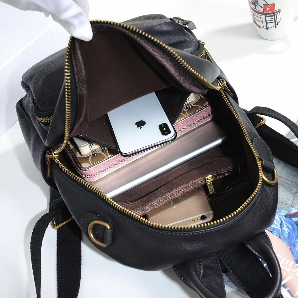 Genuine Leather Backpack Women First Layer Cowhide Retro Solid Color Student Schoolbag