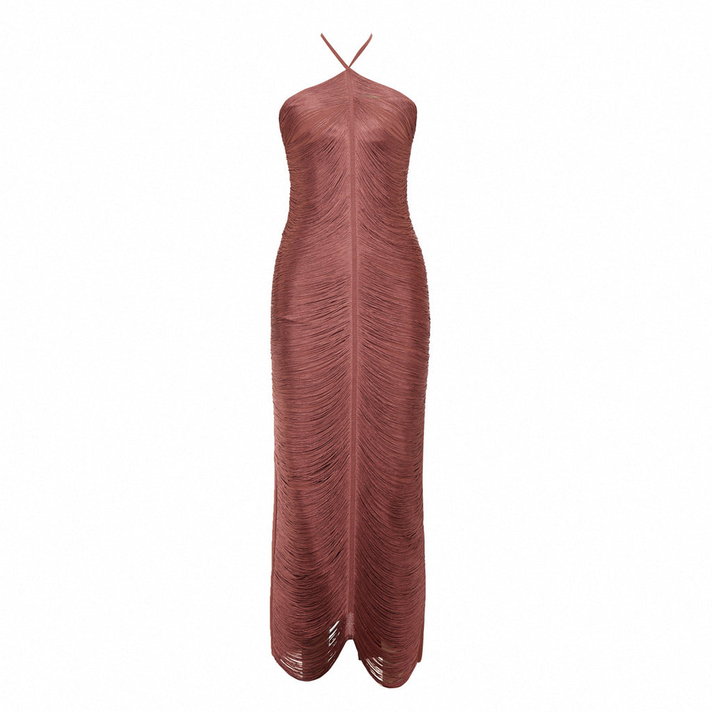 Sleeveless Halter Neck Tassel Long Dress