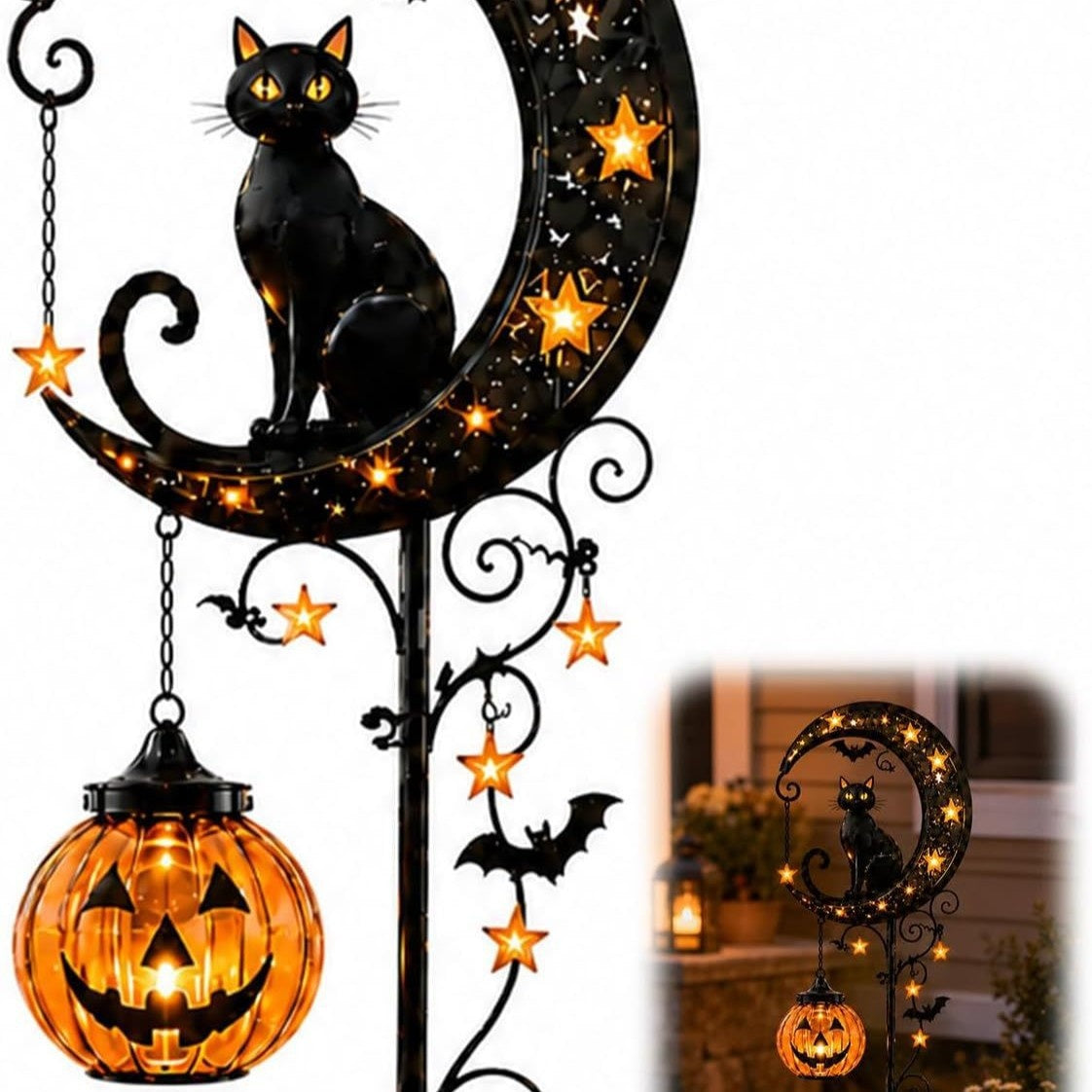 Solar Black Cat Pumpkin Stake Light
