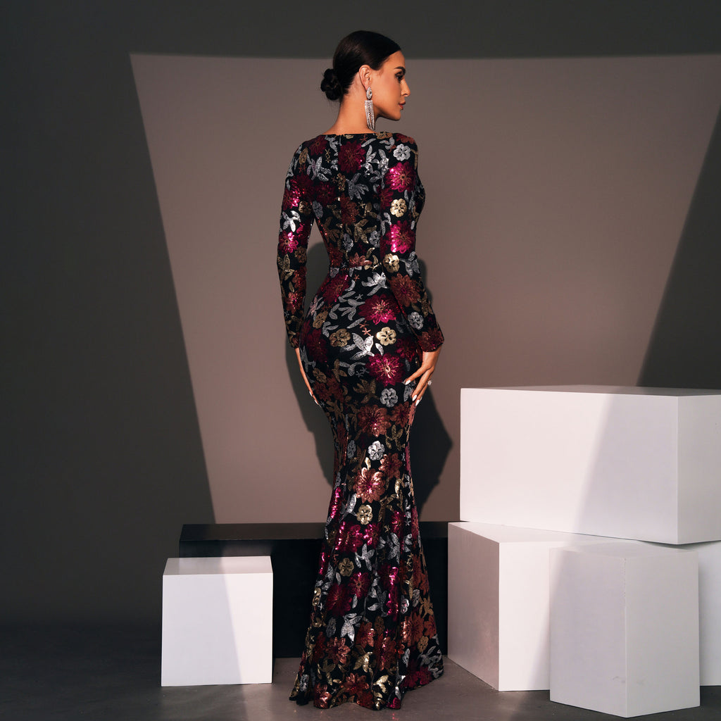 Elegant Sequin Long Sleeve Evening Dress
