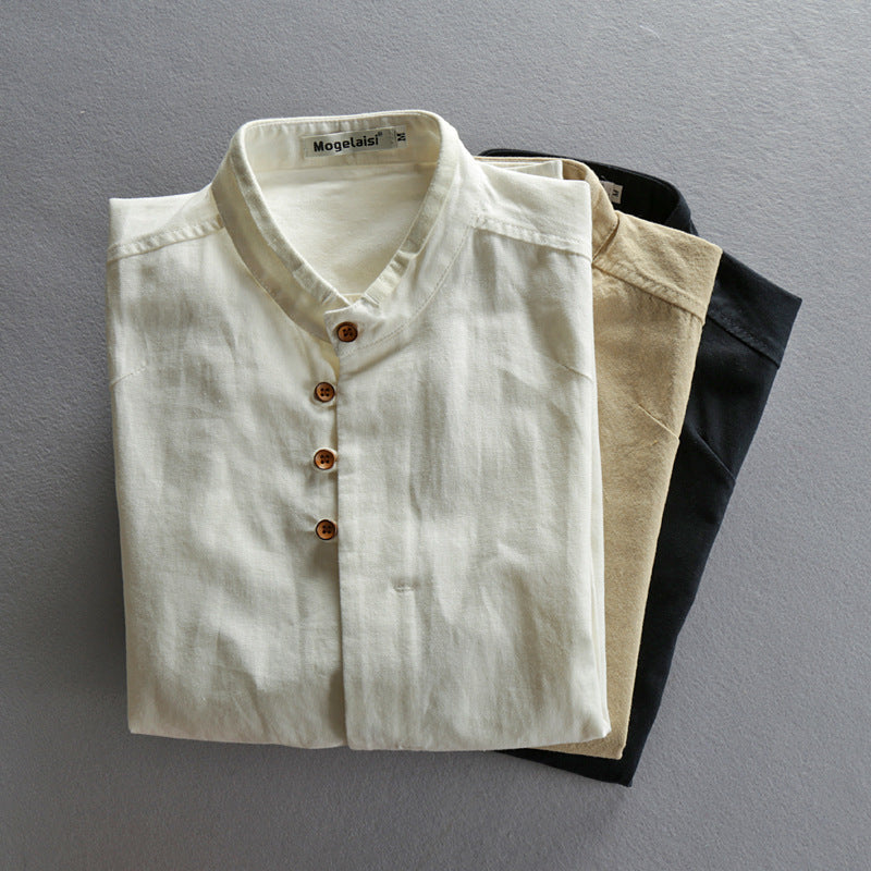 Men's Linen Cotton Stand Collar Casual Shirt