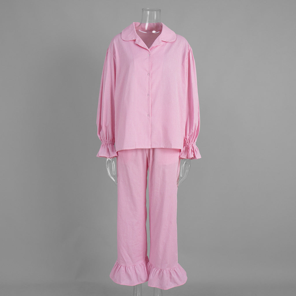 Cross-Border Pure Cotton Plaid Long-Sleeved Pants Two-Piece Set European and American 2025 Autum New Ruffled Shirt Pants Suit