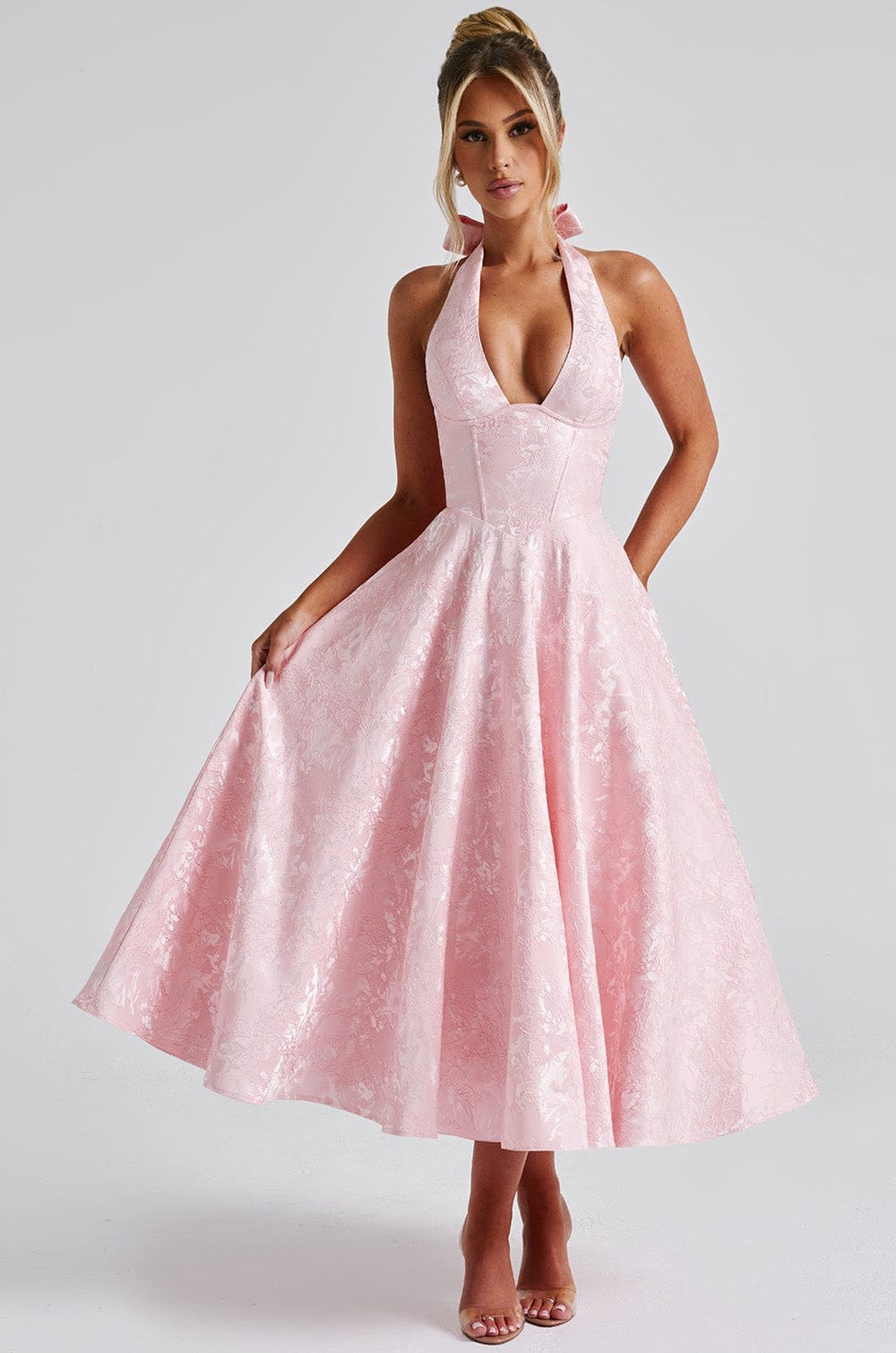 Jacquard Halter Neck Evening Gown