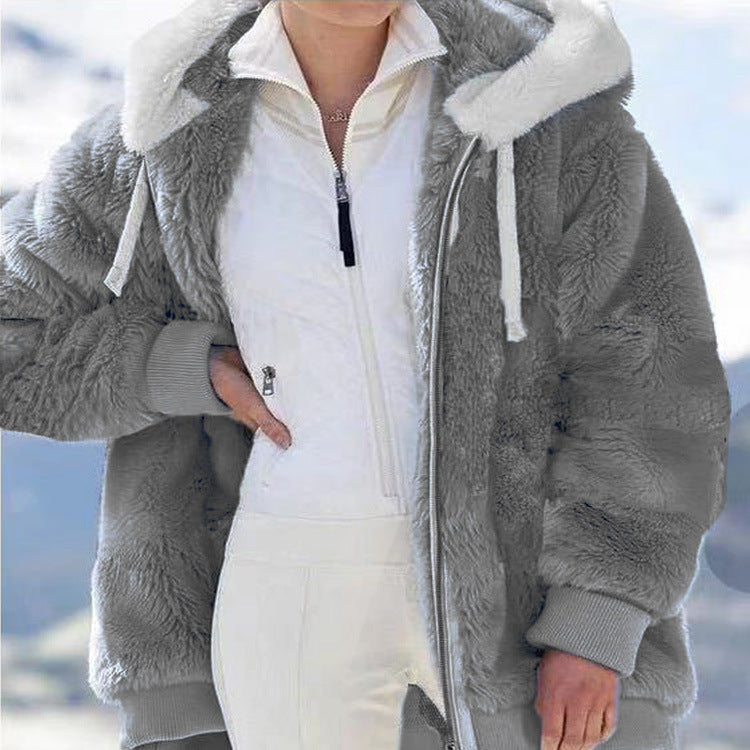 Womens Loose Fit Plush Zipper Hooded Jacket