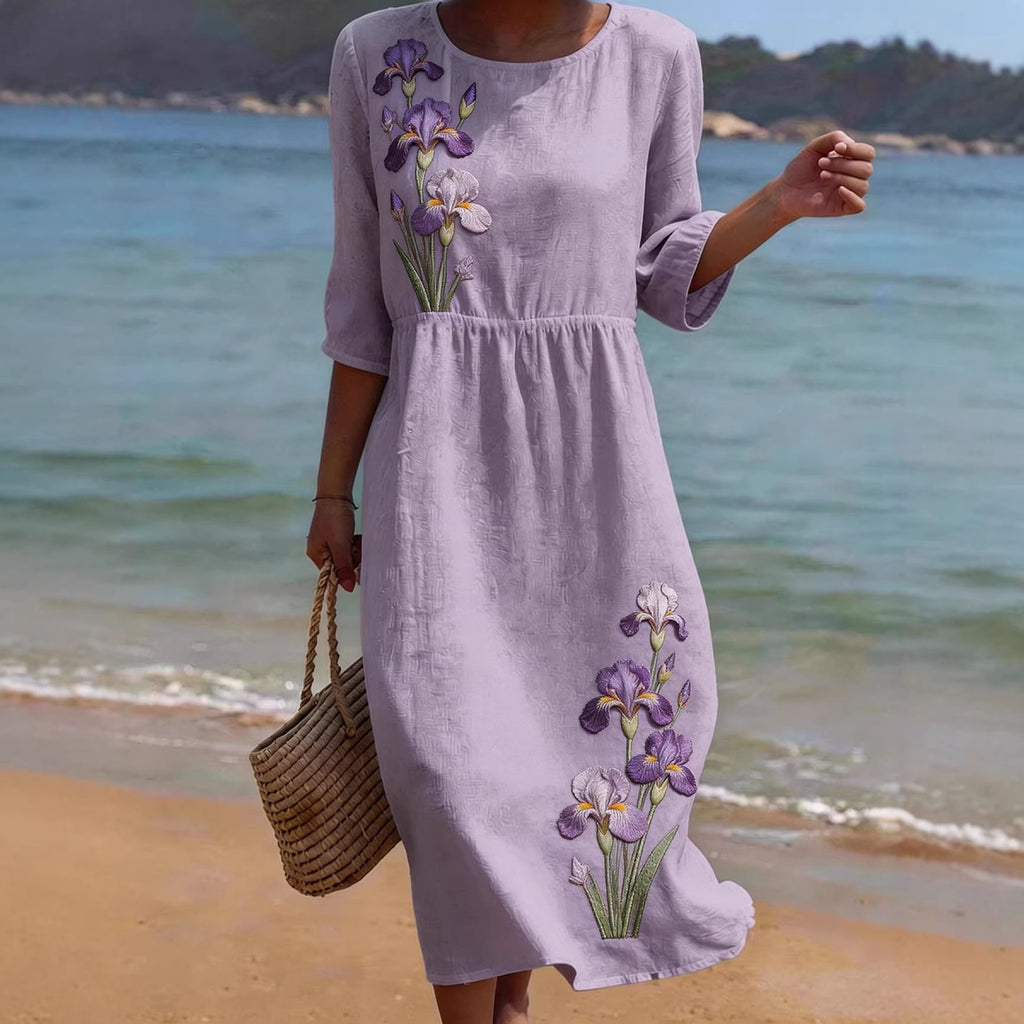 Womens V-Neck 3D Digital Print A-Line Midi Dress