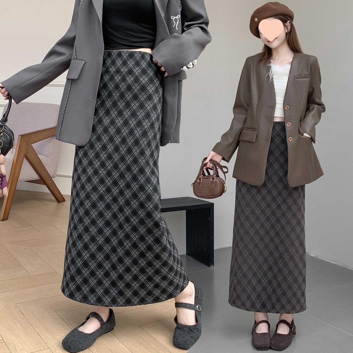 Vintage Plaid High Waist Slit Long Skirt