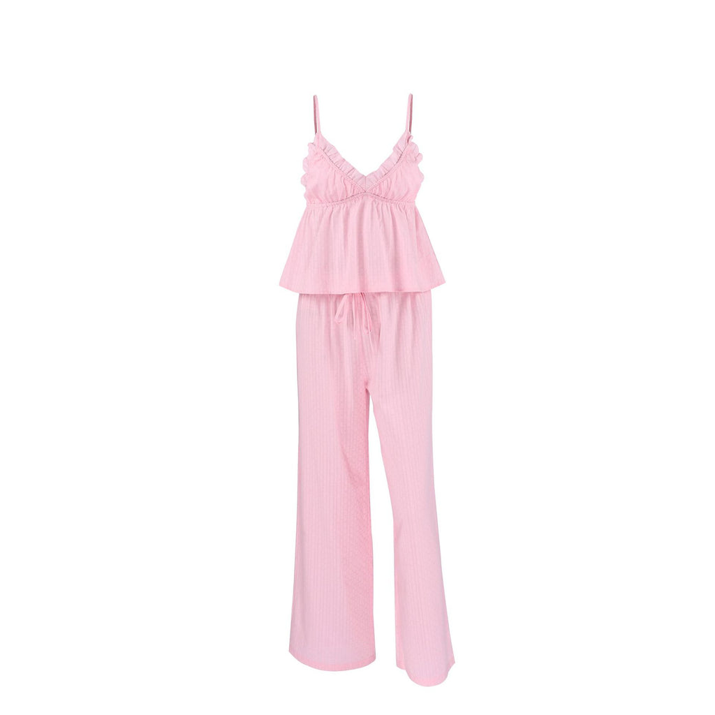 Summer New European and American Style Pure Cotton Pajama Set, Jacquard Camisole and Long Pants Two-Piece Set, Exclusively for Women's Loungewear, Available for Cross-Border Sales