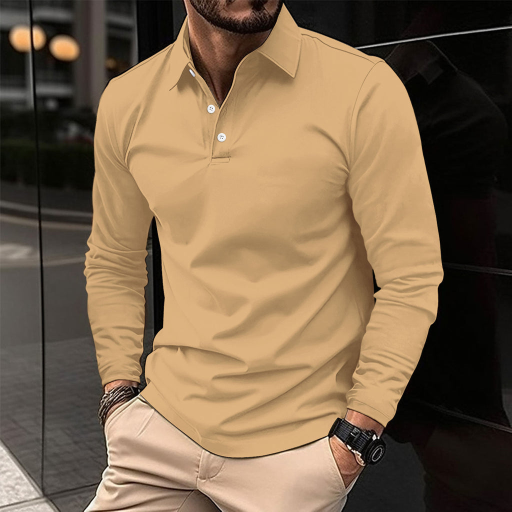 Mens Long Sleeve Solid Color Polo Shirt Casual Cotton Blend Button Down