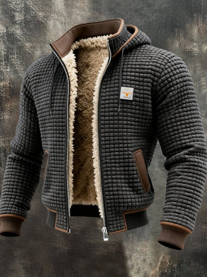 Men's Fleece-Lined Hooded Jacket Winter Thickened Warm Digital Print Zipper Coat